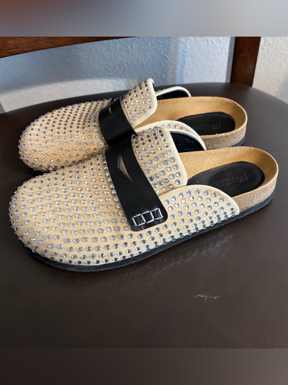 JW ANDERSON Beige Suede Studded Mules with Black Strap